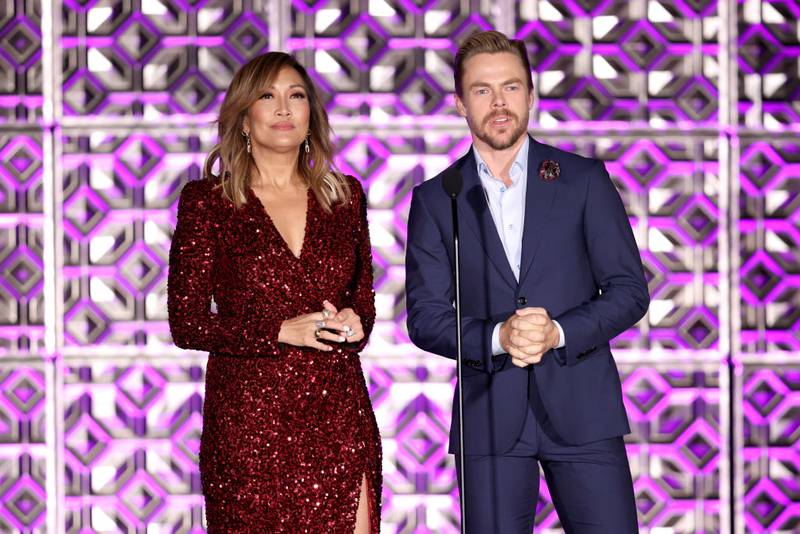 LOS ANGELES, CALIFORNIA - JUNE 12: (L-R) Carrie Ann Inaba and Derek Hough speak onstage during the Fourth Annual Critics Choice Real TV Awards at Fairmont Century Plaza on June 12, 2022 in Los Angeles, California. (Photo by Rich Polk/Getty Images for the Critics Choice Real TV Awards)