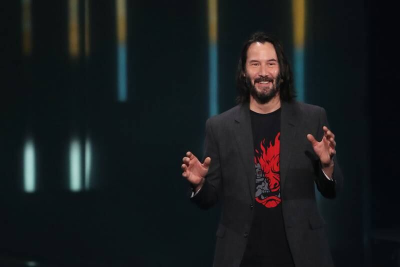 LOS ANGELES, CALIFORNIA - JUNE 09:  Actor Keanu Reeves speaks about "Cyberpunk 2077" from developer CD Projekt Red during the Xbox E3 2019 Briefing at The Microsoft Theater on June 09, 2019 in Los Angeles, California. (Photo by Christian Petersen/Getty Images)