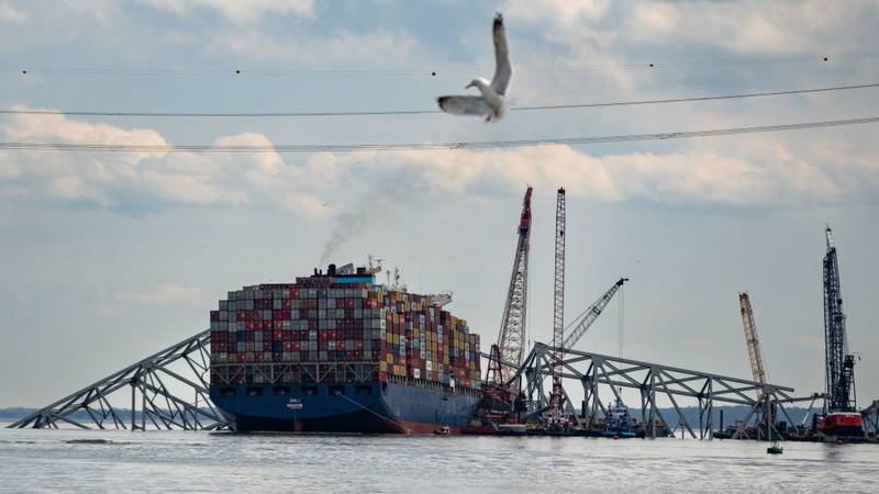 Container ship with metal beams sitting across it.