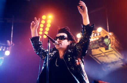 ROTTERDAM, NETHERLANDS - JUNE 15: singer Bono from Irish band U2 performs live on stage at Ahoy in Rotterdam, Netherlands on 15th June 1992 on the European leg of the Zoo TV tour. (photo by Frans Schellekens/Redferns)